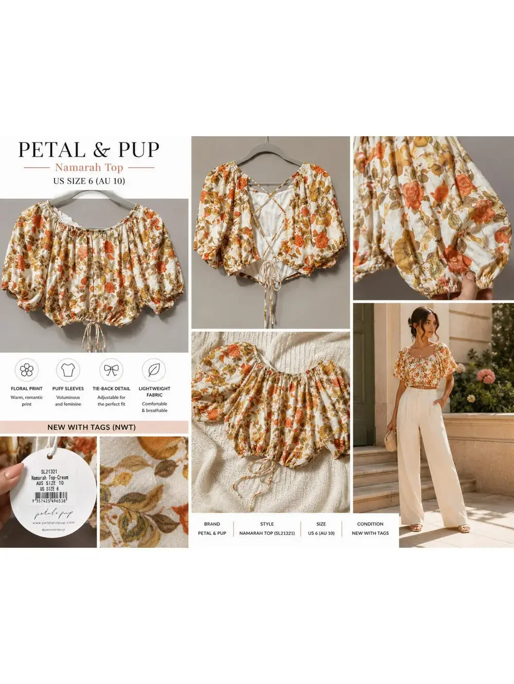 Petal & Pup Namarah Floral Puff Sleeve Crop Top Cream Orange US 6 NWT